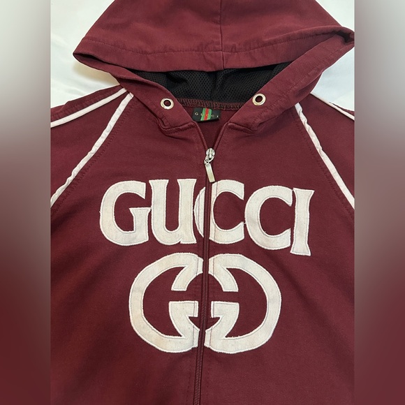 Vintage 90s Y2K Gucci Full Zip Logo Hoodie - Maroon - XL - Picture 2 of 7